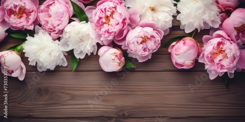 Background with white and pink roses on painted wooden planks. Copy space for text © PNG City