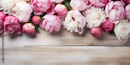 Background with white and pink roses on painted wooden planks. Copy space for text © PNG City