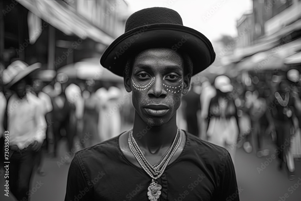 African shirtless man with vibrant face paint and ethnic jewelry, showcasing his cultural heritage and tribal identity with pride and grace. African shirtless man with vibrant face paint and ethnic jewelry, showcasing his cultural heritage and tribal identity with pride and grace.