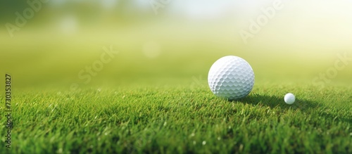 Golf ball on grass in fairway green background, Banner for advertising with copy space, Sport and athletic concept, copy space