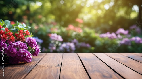 Wood table with flowers on blurred background © Philippova