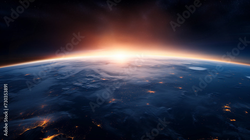A breathtaking view of Earth from space  showcasing a radiant sunrise illuminating the planet   s surface  highlighting city lights and clouds.