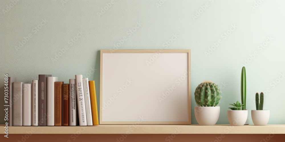Mock up frame, cactus and books on a shelf Mock up frame, cactus and books on a shelf