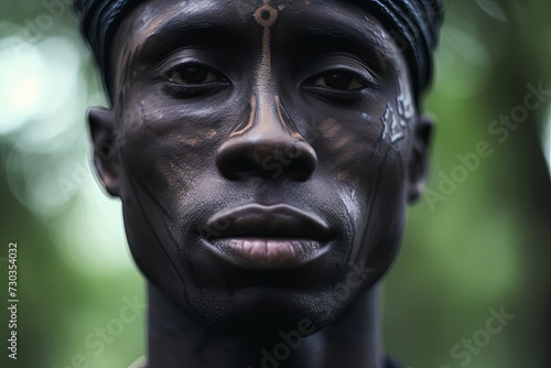 African shirtless man with vibrant face paint and ethnic jewelry, showcasing his cultural heritage and tribal identity with pride and grace.