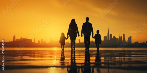 Family silhouette against a cityscape at sunset, reflecting on water's surface © Ihor