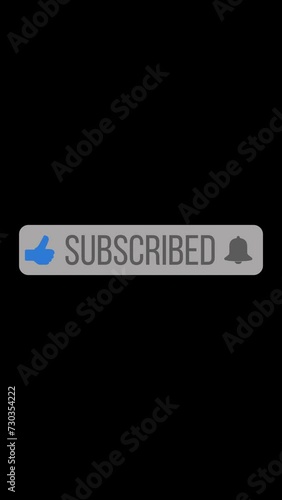 Vertical video animation of an animated, floating subscribe button with a bell button on a black background. - Suitable for video blog.  photo