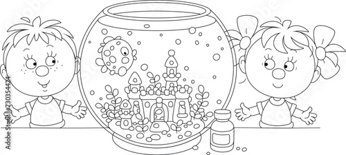 Cute little girl and boy watching a funny tropical fish swimming in a home round aquarium with a toy castle, towers and seaweeds on the sand bottom, vector cartoon illustration