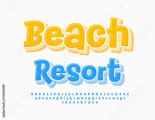 Vector advertising Poster Beach Resort. Creative Blue 3DD Font. Funny modern Alphabet Letters and Numbers set.