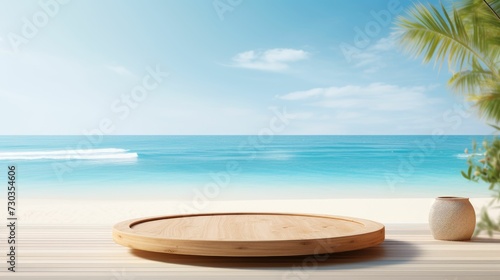 Wooden platform podium with a beach in the background, product presentation