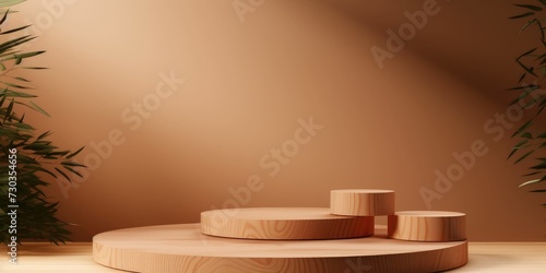 Wooden podium for display product. Background for cosmetic product branding