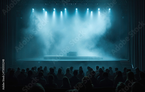 Wallpaper Mural An illuminated stage featuring scenic lights and smoke effects. A blue vector spotlight casts its glow amidst the smoke, creating a voluminous light effect against a black backdrop Torontodigital.ca