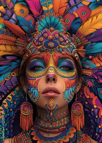 Woman with colorful headdress wearing a colorful face with colorful hair