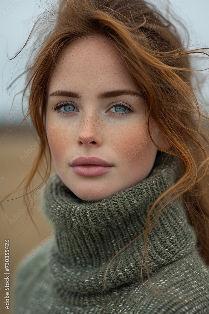 Stunning Portrait of a Caucasian Redhead Woman With Freckles, Intense Gaze, and Windblown Hair - Elegance Through Generative AI. Stunning Portrait of a Caucasian Redhead Woman With Freckles, Intense Gaze, and Windblown Hair - Elegance Through Generative AI.
