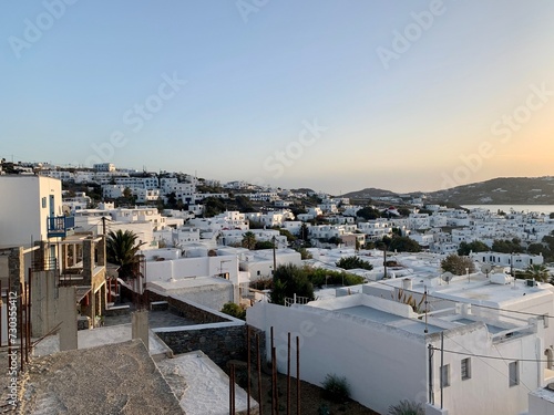 Amazing sunset view, Mykonos island, Cyclades, Greece. Beautiful scenery with Mediterranean colors in a beautiful day photo