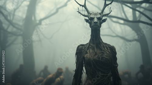 Humanoid monster in fog from horror movie, fear, scary stories, evil photo