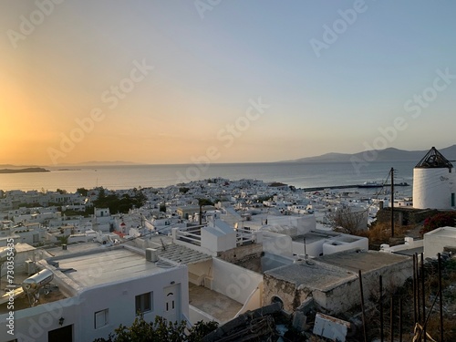 Amazing sunset view, Mykonos island, Cyclades, Greece. Beautiful scenery with Mediterranean colors in a beautiful day