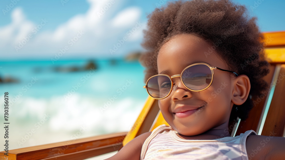 Portrait of a happy smiling african american cute child relaxing on wooden deck chair at tropical beach Portrait of a happy smiling african american cute child relaxing on wooden deck chair at tropical beach
