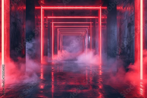 Sci Fi Futuristic Smoke Fog Neon Laser Garage Room Red Electric Cyber Undergound Warehouse Concrete Reflective Studio Podium Club 3D Rendering photo