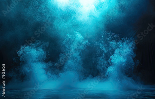An illuminated stage featuring scenic lights and smoke effects. A blue vector spotlight casts its glow amidst the smoke, creating a voluminous light effect against a black backdrop © Infinite Shoreline