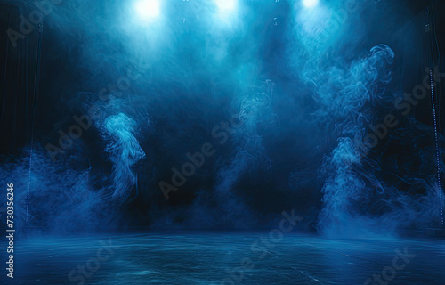 An illuminated stage featuring scenic lights and smoke effects. A blue vector spotlight casts its glow amidst the smoke, creating a voluminous light effect against a black backdrop © Infinite Shoreline