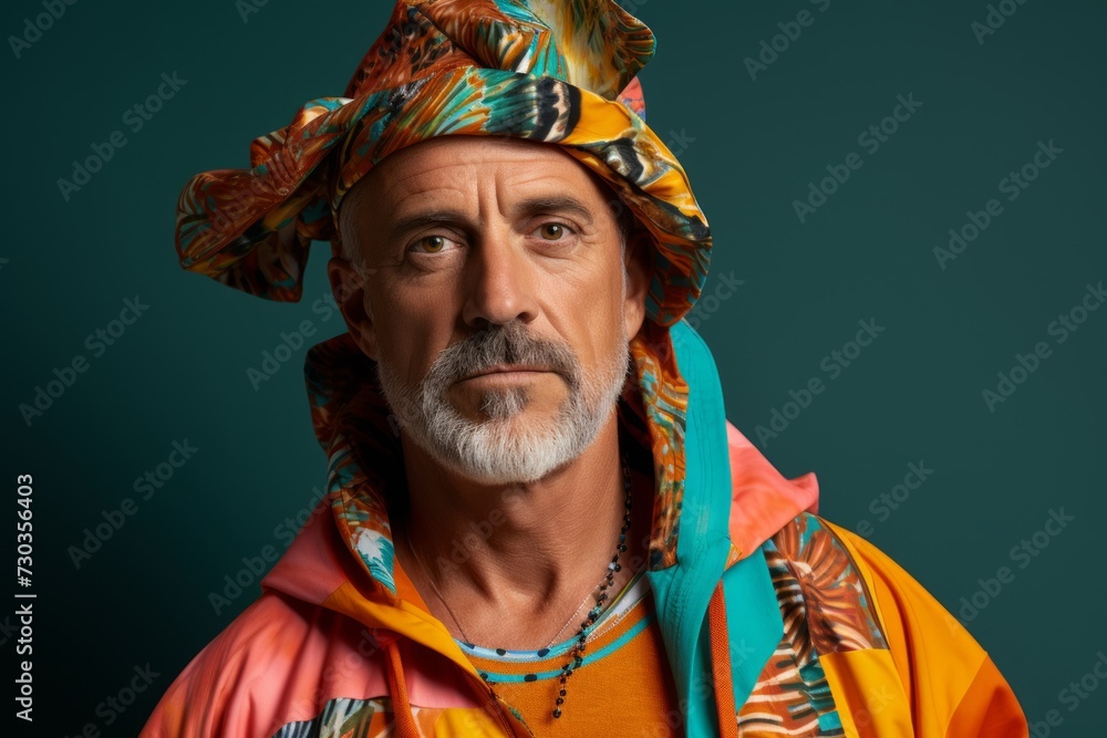 Portrait of a senior man with a colorful headscarf.