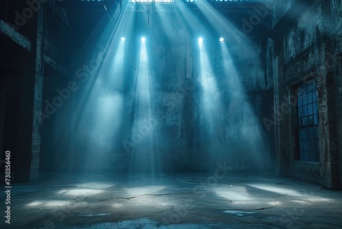 spotlights shine on stage floor in dark room  idea for background backdrop  abandon room or warehouse