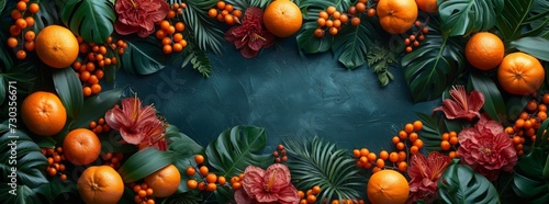 tropical background with a circular flower and fruit surrounded by wood