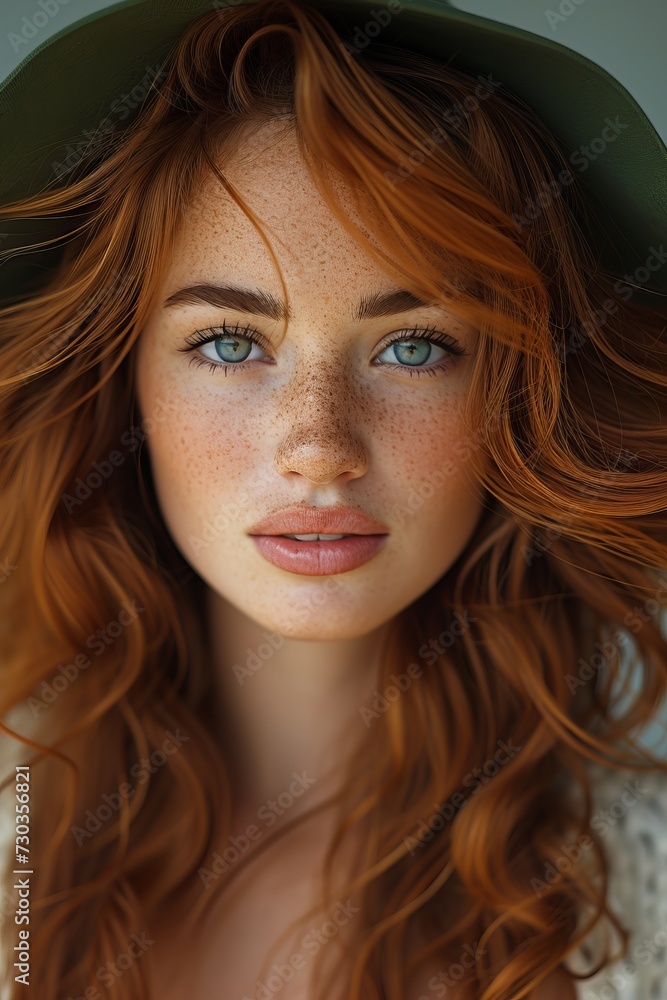 Stunning Portrait of a Caucasian Redhead Woman With Freckles, Intense Gaze, and Windblown Hair - Elegance Through Generative AI. Stunning Portrait of a Caucasian Redhead Woman With Freckles, Intense Gaze, and Windblown Hair - Elegance Through Generative AI.