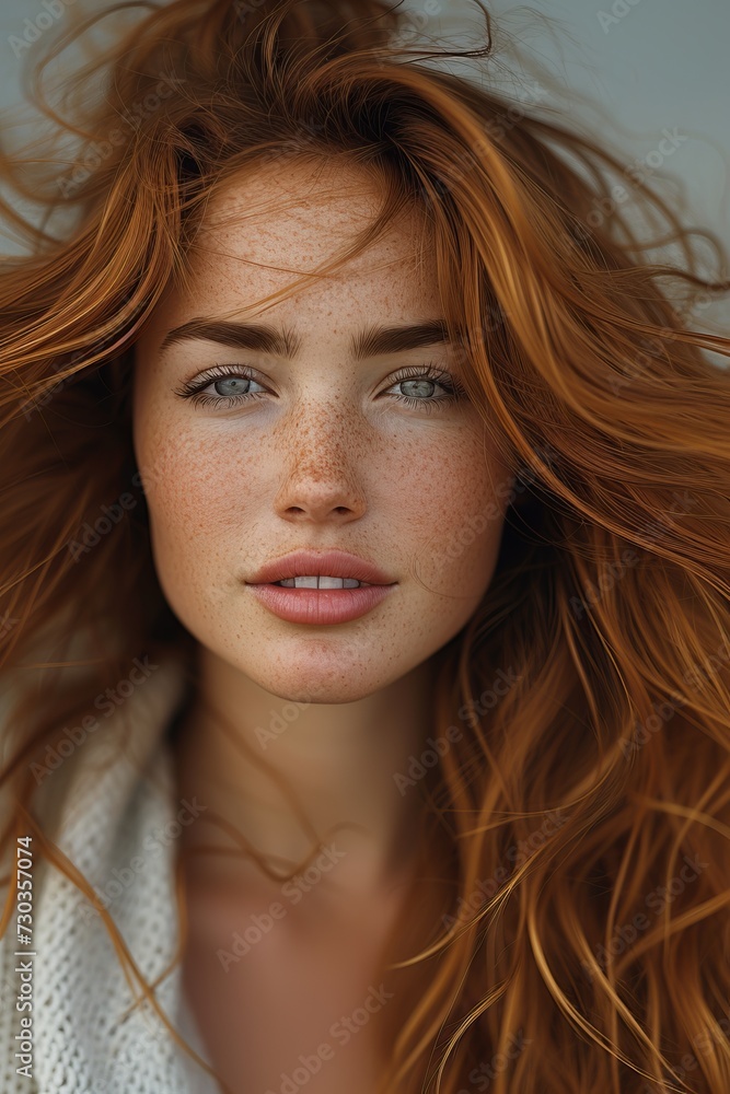Stunning Portrait of a Caucasian Redhead Woman With Freckles, Intense Gaze, and Windblown Hair - Elegance Through Generative AI. Stunning Portrait of a Caucasian Redhead Woman With Freckles, Intense Gaze, and Windblown Hair - Elegance Through Generative AI.