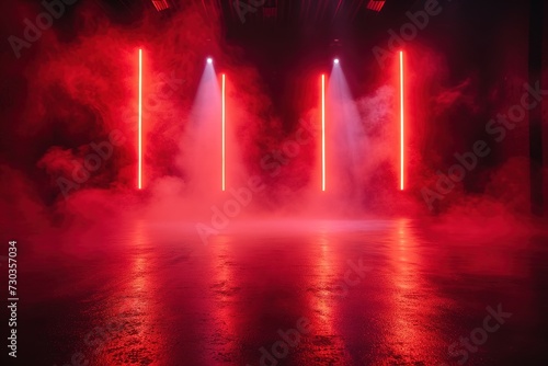 The dark stage shows, red background, an empty dark scene, neon light, spotlights The asphalt floor and studio room with smoke float up the interior texture for display products © WideRangeVisuals