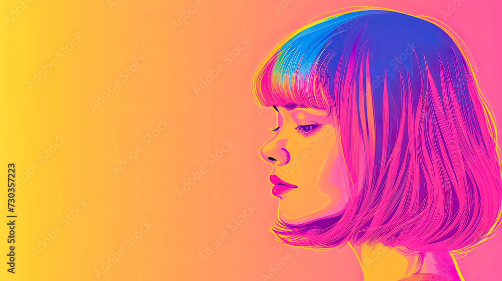 A woman with colorful hair, including purple and violet shades, paints on a vibrant background.