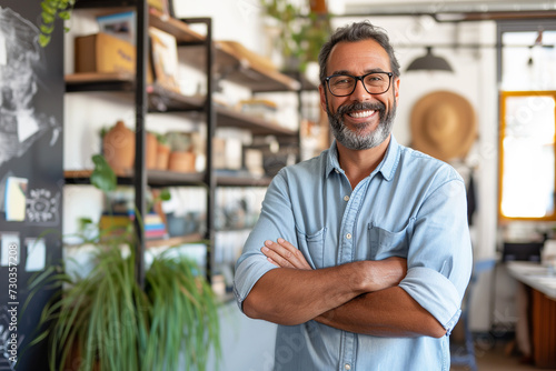 Portrait of happy mature businessman wearing spectacles and confidently standing with arms crossed. Successful senior business man smiling looking at camera, business owner testimonial concept banner