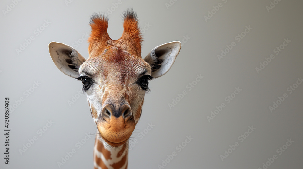 Muzzle of cute giraffe on grey background. Selective focus. Copy space. Funny photo. Animal care concept. - obrazy, fototapety, plakaty 