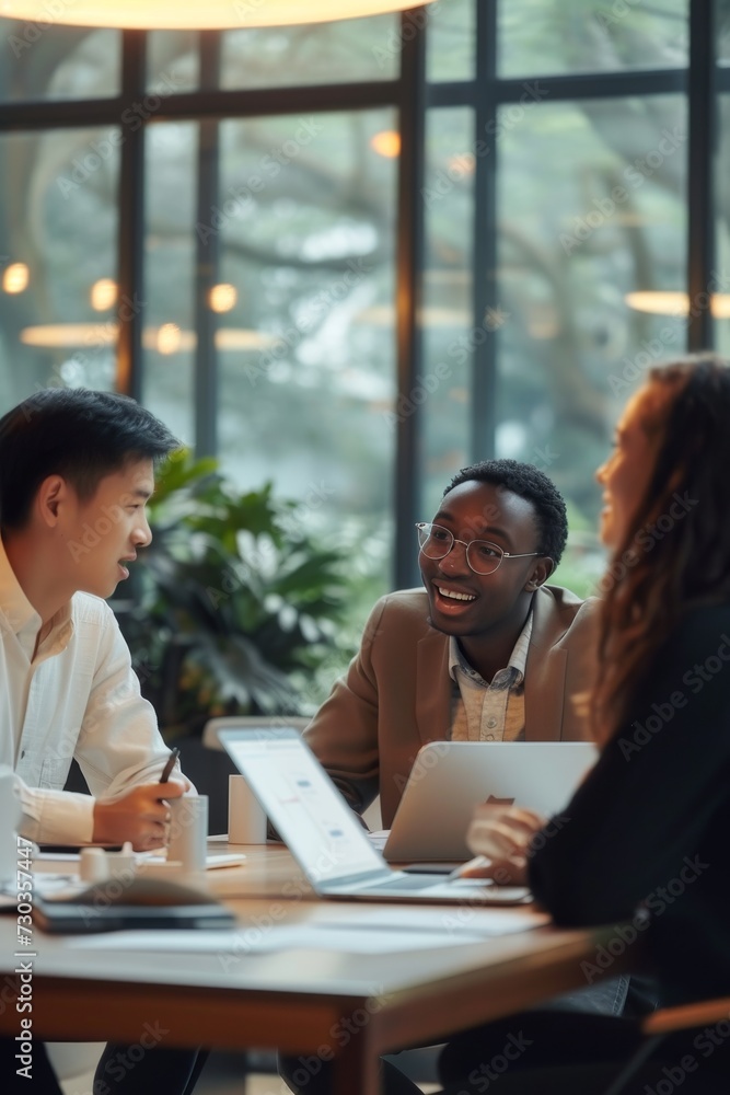 Three professionals in smart casual attire engaging in a conversation over a laptop in an office surrounded by greenery. Three professionals in smart casual attire engaging in a conversation over a laptop in an office surrounded by greenery.