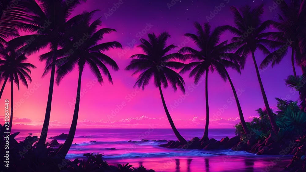 sunset in the city, neon jungle, dreams, dreamy world, neon lights, tropical vibes, purple neon environment, beach, palm trees, retro vibe, retro neon landscape.