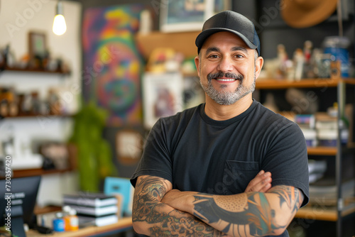 Small business owner testimonial image, Matured person standing in the workspace, mid aged man standing with his arms crossed in the art studio, Portrait of a craftsman smiling and happily standing