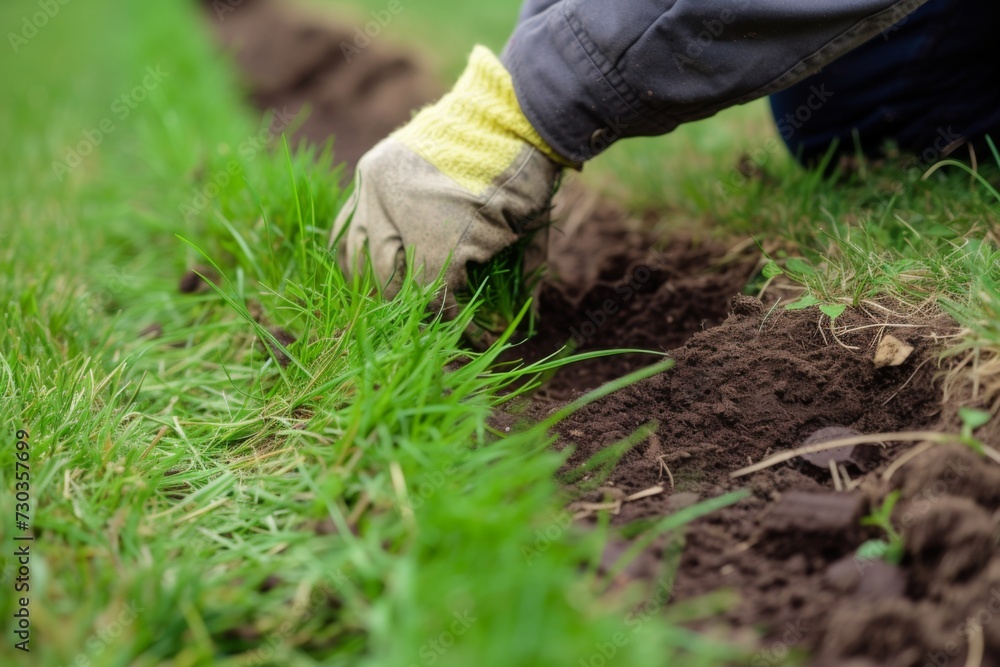 Selective focus on a man's hands unrolling a roll of artificial turf. Easy laying of artificial green grass Selective focus on a man's hands unrolling a roll of artificial turf. Easy laying of artificial green grass