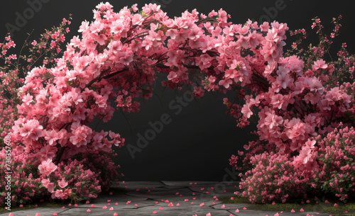 Beautiful pink floral archway adorned with blossoms creates a magical atmosphere in a tranquil garden setting during springtime photo