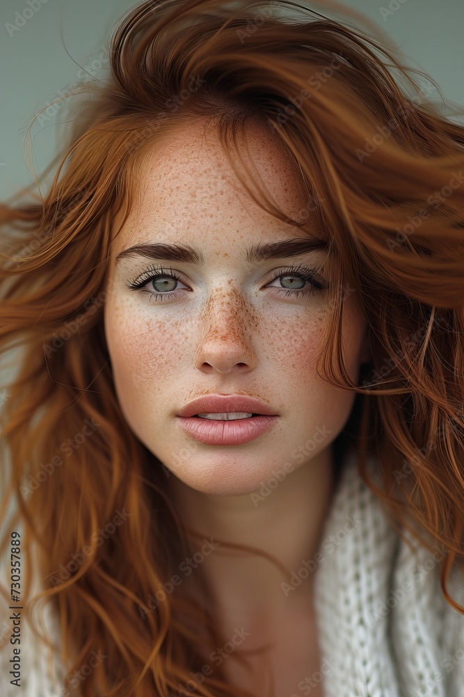 Stunning Portrait of a Caucasian Redhead Woman With Freckles, Intense Gaze, and Windblown Hair - Elegance Through Generative AI. Stunning Portrait of a Caucasian Redhead Woman With Freckles, Intense Gaze, and Windblown Hair - Elegance Through Generative AI.
