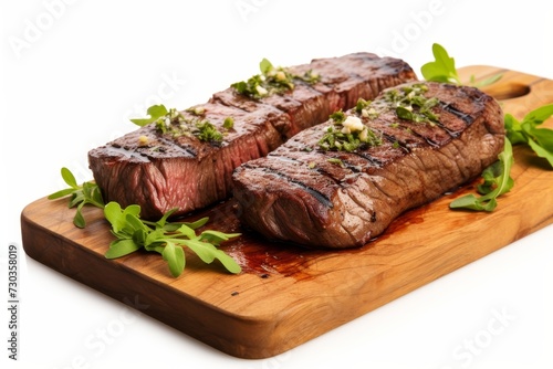 Grilled steak with spices isolated on white background. Grilled beef fillet steak