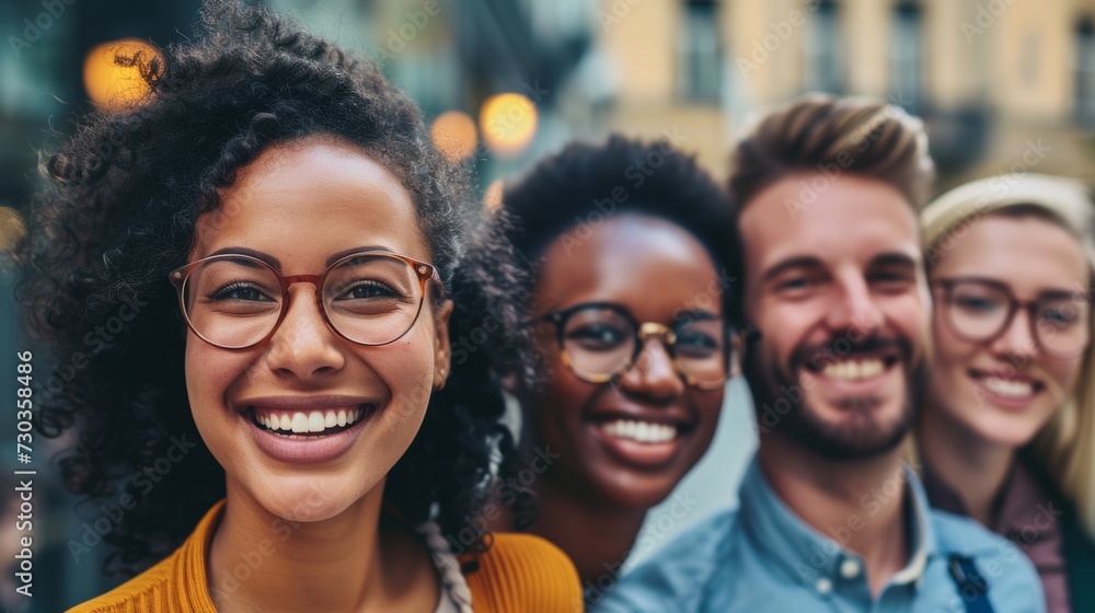 Smiling diverse group of friends enjoying time together outdoors in an urban setting. Smiling diverse group of friends enjoying time together outdoors in an urban setting.