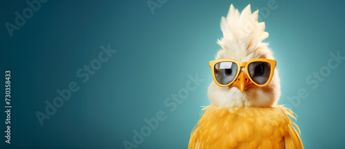 Funny punk chicken with sunglasses, turquoise background and space for text