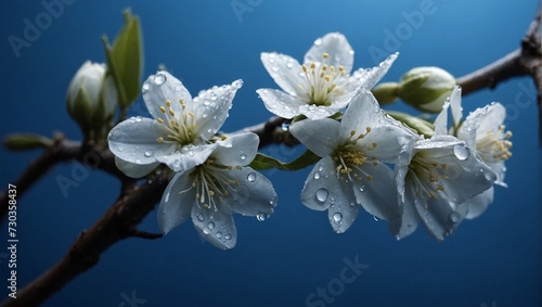 a branch of white flowers with green leaves on a gray and white background with a light blue sky in the backround of the image is a light blue background