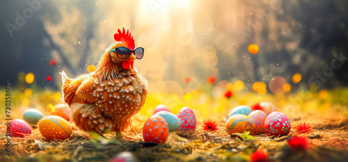 A funny hen with sunglasses sits between colored easter eggs in the nature. Easter concept