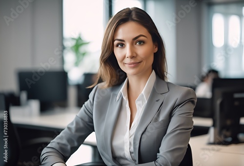 Portrait of a business woman in a gray suit in the office. Workspace in the background.