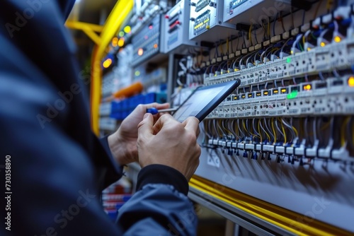 Electrician checking an electrical installation close up. Electricity and electrical maintenance service. Medium voltage switchgear