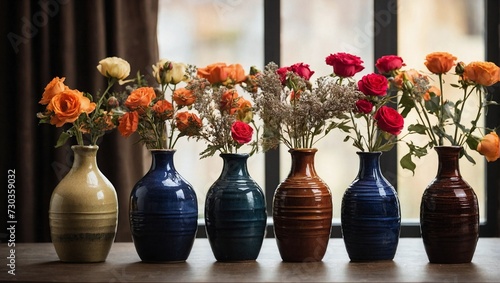 a row of vases with flowers in them on a table with a wall in the backround behind them and a wall in the background.