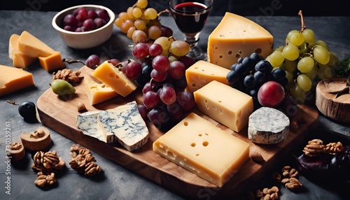 Cheese plate on a wooden board. There are various cheeses, fruits, nuts on the board. View from above