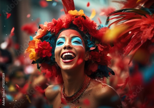 Beautiful Brazilian woman  dressed in carnival clothes  dancing. Brazilian wearing Samba Costume  beautiful samba dancer performing at Carnival. Portrait. Happy smile woman.