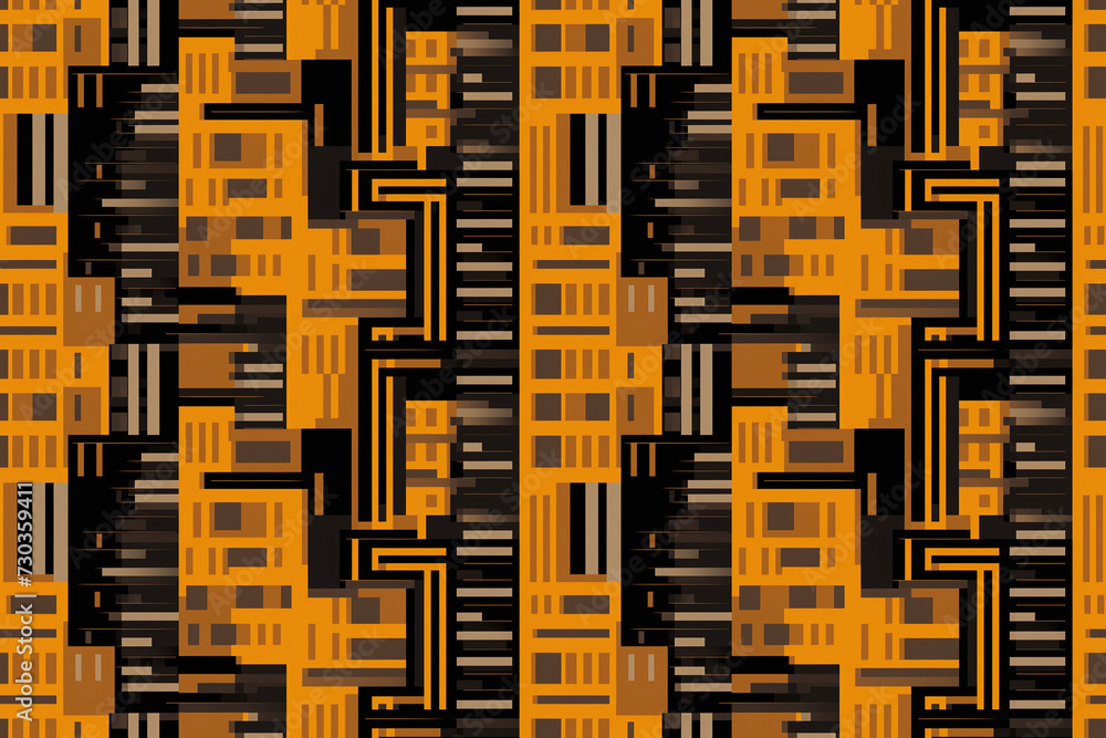 Seamless geometric pattern of rectangles in orange and black colors.